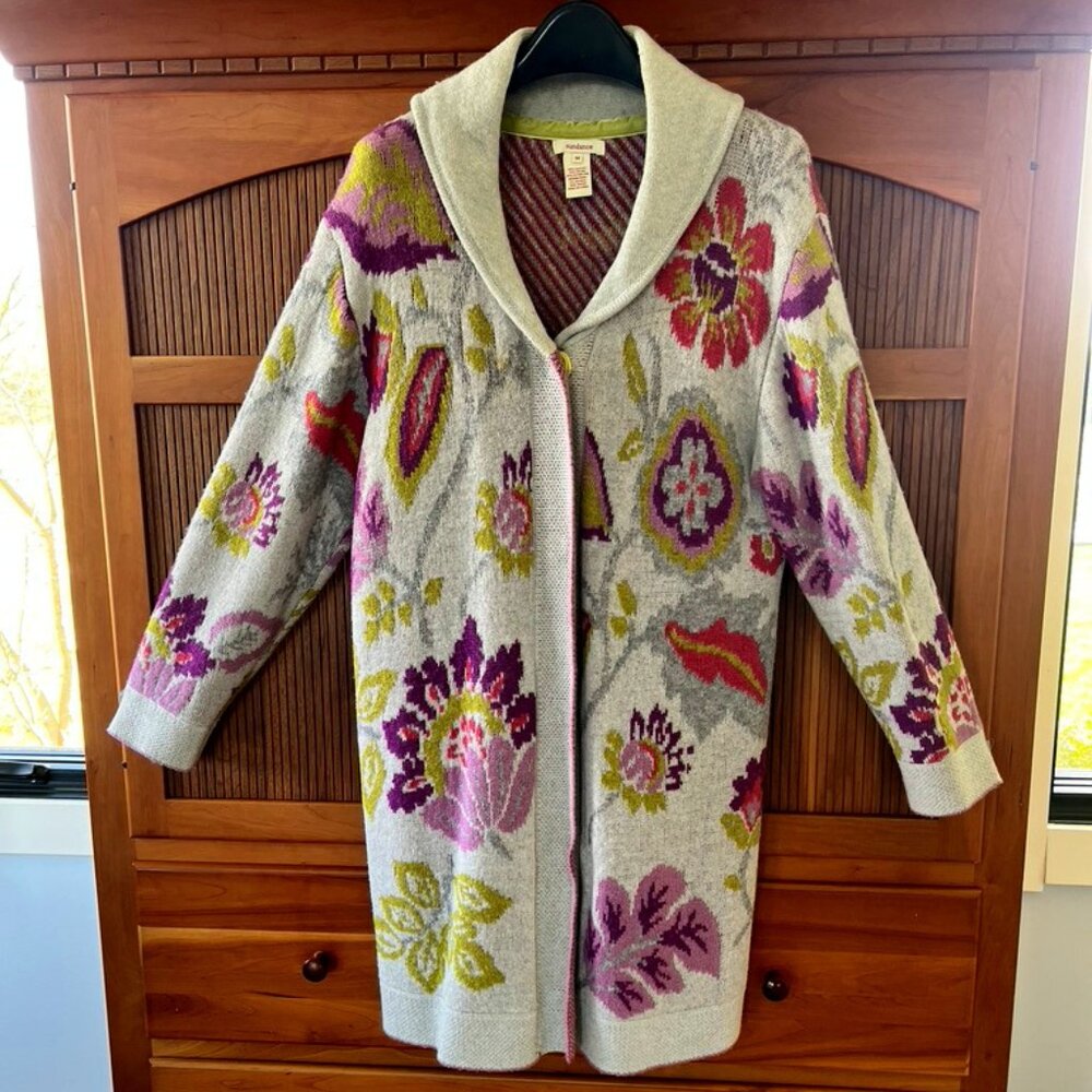 Sundance Grey and Purple Flowered Long Wool & Alpaca Sweater Coat, M